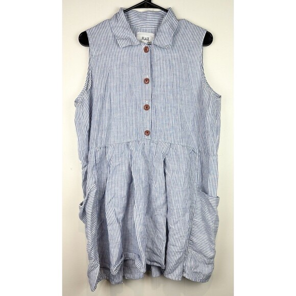 FLAX Jeanne Engelhart Blue White Striped Tunic Dress Lagenlook Linen, Medium - Picture 2 of 7